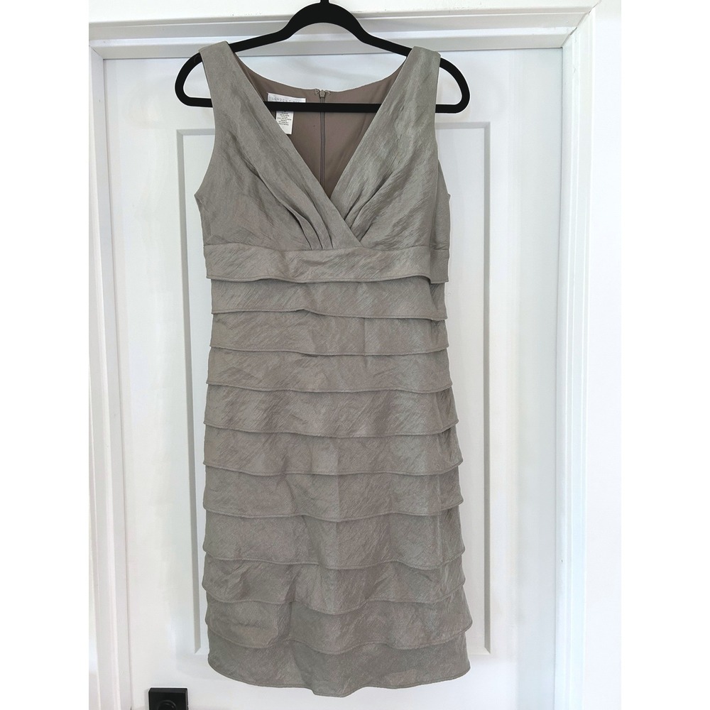 London Times Womens Metallic Tiered Ruffle Cocktail Dress Taupe Champagne Size 8